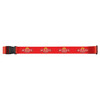 A red luggage strap featuring a branding logo and a secure buckle. The strap has a vibrant design.