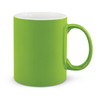A green ceramic coffee mug with a glossy finish and a standard handle.