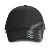 A black cap featuring a textured design on the side and a curved brim, with a logo present on the front.