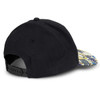 A black cap featuring a patterned peak, displaying a logo and an adjustable strap at the back.