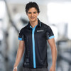 A custom men's performance polo in black with blue accents and a logo on the side.