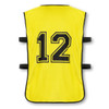 A bright yellow training bib featuring a large black number 12 and adjustable black straps on the sides.