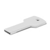 A white flash drive designed in the shape of a key, featuring a hole for attachment and a sleek design.