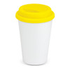 A double wall coffee cup featuring a white body and a bright yellow silicone lid, with a logo on it.
