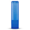 A blue lip balm container with a twist-up base and a clear lid, featuring a logo on the front.