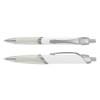 Two plastic pens, one in white with a green grip and the other with a similar design, featuring silver accents.