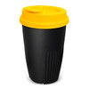 A drink bottle featuring a black body and a yellow lid, designed for convenient use. It includes branding on the surface.
