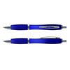 A blue translucent pen with silver accents, featuring a clip and a smooth writing tip, alongside a capped version.
