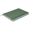 A green notebook with an elastic band closure and blank pages, featuring a branding logo on the cover.