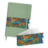 A green notebook with a colourful patterned band features the word "weekend" and includes an open envelope.