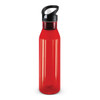A drink bottle with a translucent red body and black lid.