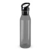A drink bottle with a translucent gray body and a black screw-on lid featuring a spout.