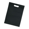 A black tote bag with a simple handle and a smooth surface, featuring a logo.