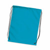 A turquoise drawstring backpack with black cords, featuring reinforced eyelets.