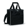 A black cooler bag with white accents, featuring dual handles and a detachable shoulder strap.