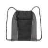 A drawstring backpack in black and gray with a front zippered pocket and adjustable straps.