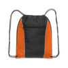 A drawstring backpack featuring a black body with orange accents and a zippered front pocket.