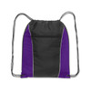 A drawstring backpack featuring a black body with purple accents and a front zipper pocket.