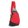 A red and gray sling bag with a single strap and a black base, featuring a zippered pocket on the front.