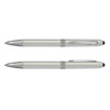 A stylus pen in a soft green shade with silver accents and a branding logo.