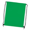 A green drawstring backpack with black cords, featuring a simple design and a logo or branding.