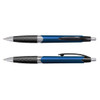 Two blue plastic pens with black grips and silver accents, featuring a logo on the barrel.