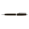 A metal pen in black with a glossy finish and silver accents, featuring a clip and a textured grip area.