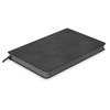 A medium black notebook with a textured cover and a ribbon bookmark, featuring a small logo on the front.