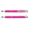 A pink metal stylus pen with silver accents, featuring a clip and dual functionality as a pen and stylus.