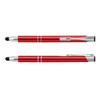 A red metal stylus pen featuring a silver clip and details, with a smooth finish and a logo.