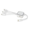 A sleek white Cypher Charging Cable featuring multiple connectors for different devices, with a compact design.