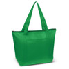 A green cooler bag with two shoulder straps and a zip closure, featuring a front pocket and no visible branding.