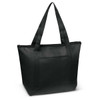 A black Orca cooler bag with a zippered top and two sturdy handles. Features a front pocket.