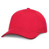 A cap in vibrant red color with a black trim along the visor.