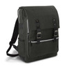 A dark green backpack featuring two front pockets, adjustable straps, and leather accents. It has a logo on it.