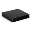 A black wireless charger with a sleek design, featuring a subtle logo on the surface.