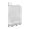 A drink bottle in a transparent design with a white screw cap, featuring a smooth, rectangular shape.