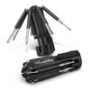 A black multi-tool with various foldable screwdriver heads and a compact design, featuring a logo.