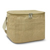 A tan jute cooler bag with a zip closure and a shoulder strap, featuring a front pocket and a logo.