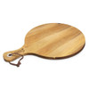 A round wooden serving board with a handle, featuring a natural finish and a leather strap.