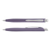 A purple plastic pen with a silver clip and tip. It features a modern design and includes a logo.