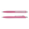 A pink plastic pen with a silver clip and detailing, featuring a smooth, sleek design.