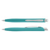 A turquoise plastic pen with a silver clip and a sleek design, positioned in two angles.