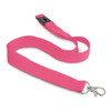 A pink cotton lanyard with a clip at one end and a breakaway feature in the middle. It has a branding logo.