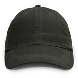 An oilskin cap in dark green, featuring a curved brim and stitched detailing. It has a logo on the front.