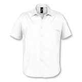 A white button-up shirt with short sleeves and a branding logo on the collar.