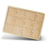 A wooden 12-piece puzzle with a natural wood finish and interlocking pieces. It features an unfinished design.