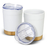 A double wall cup with a white body, wooden base, and a clear lid, featuring two cups in the image.
