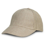 A beige cap with a structured design and a curved brim, featuring a logo on the front.