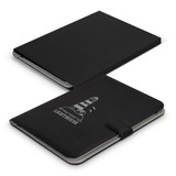 A black portfolio with a lighthouse design, featuring a secure strap closure and a sleek finish.